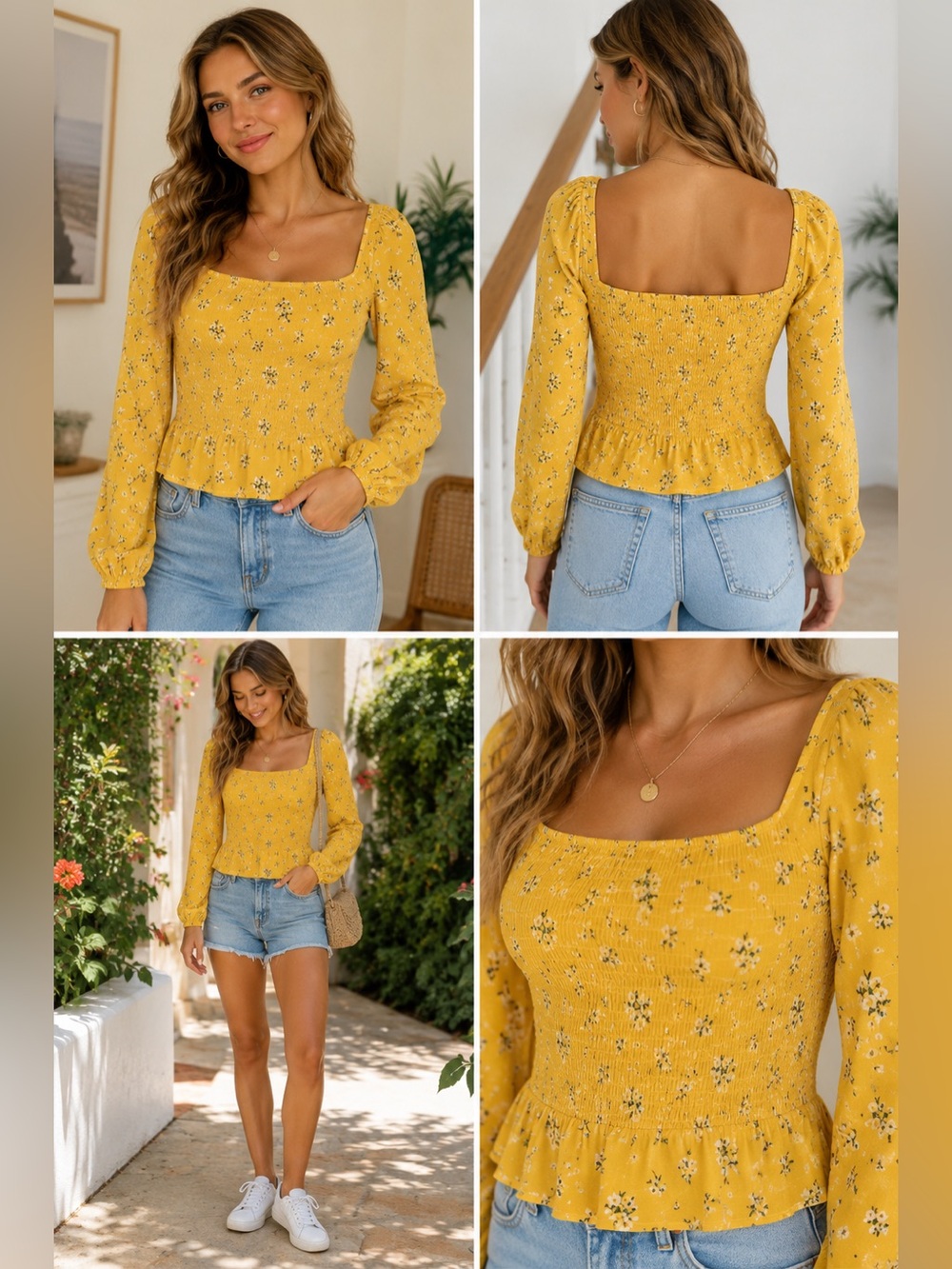 Hollister Yellow Floral Smocked Peplum Top Size Small | Cottagecore Boho